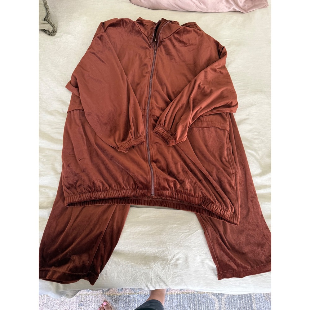 Roamans Velour Tracksuit Set 2X Jacket and Pants Plus Size Brown Loungewear